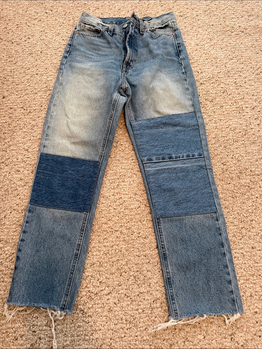 Patchwork Straight-Leg Denim Pants in Light Blue